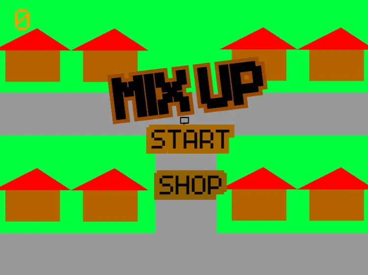 a title screen that says "mix up" and has buttons that say "start" and "stop". the background has brown houses with red roofs that sit on grass banks