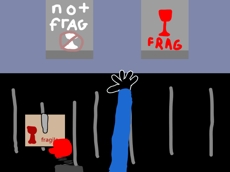 a hand drawn conveyor belt carrying fragile boxes. two signs in the back say "fragile" and "not fragile". a hand reaches out to sort the boxes
