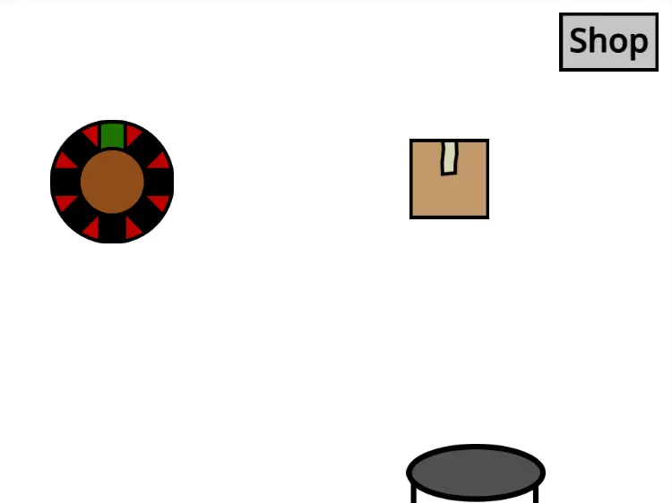 a trampoline, a brown cardboard box in the air, and a dartboard on the wall. there is a grey shop button in the top right corner