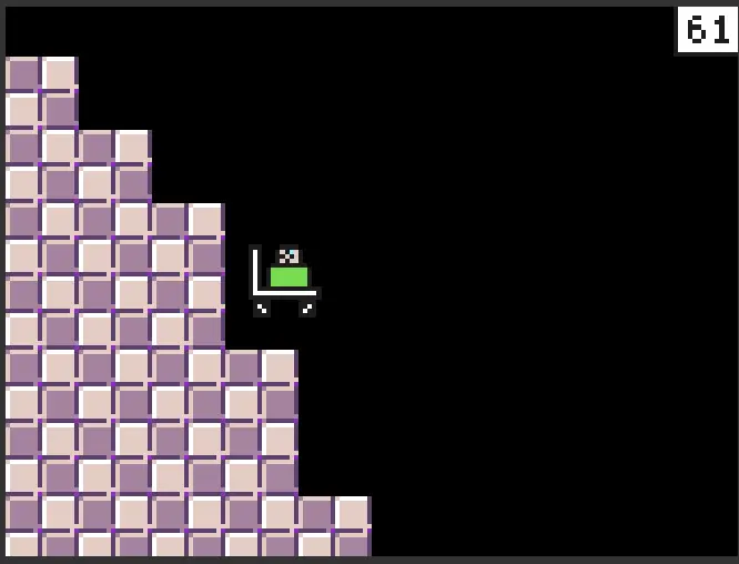 pixel art of a character wearing green on a trolley going down some stairs