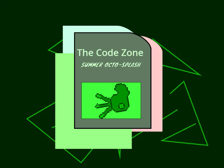 a title screen for a child's game, it has a dark green background and says "the code zone summer octo splash"